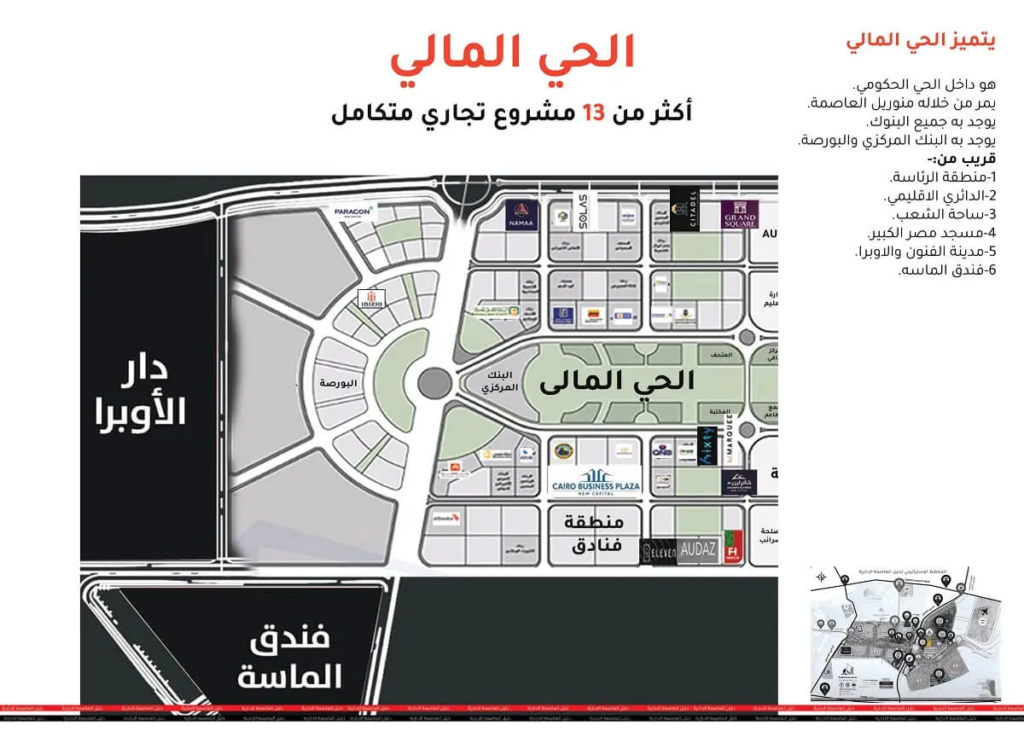 يتضح من خريطة الحي المالي العاصمة الإدارية أن الحي يحظى بموقع فريد واستراتيجي بقلب العاصمة الإدارية حيث القرب من أهم الطرق والمحاور وكذلك أشهر معالم العاصمة الإدارية :
