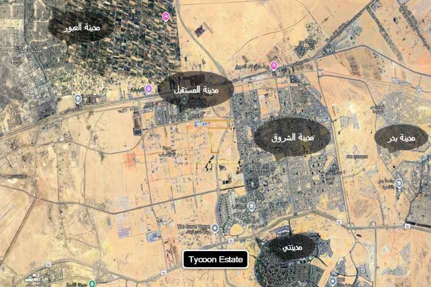 خريطة توضح موقع مدينة المستقبل للقوات المسلحة وعلاقتها بمدينتي والشروق والعاصمة الإدارية