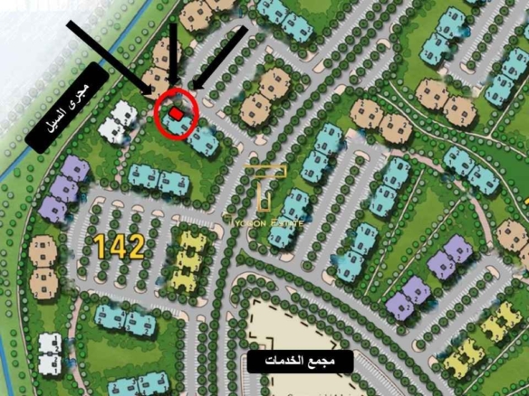 خريطة توضح موقع شقة بحديقة للبيع بمدينتي B14 على وايد جاردن بالقرب من مجرى السيل.