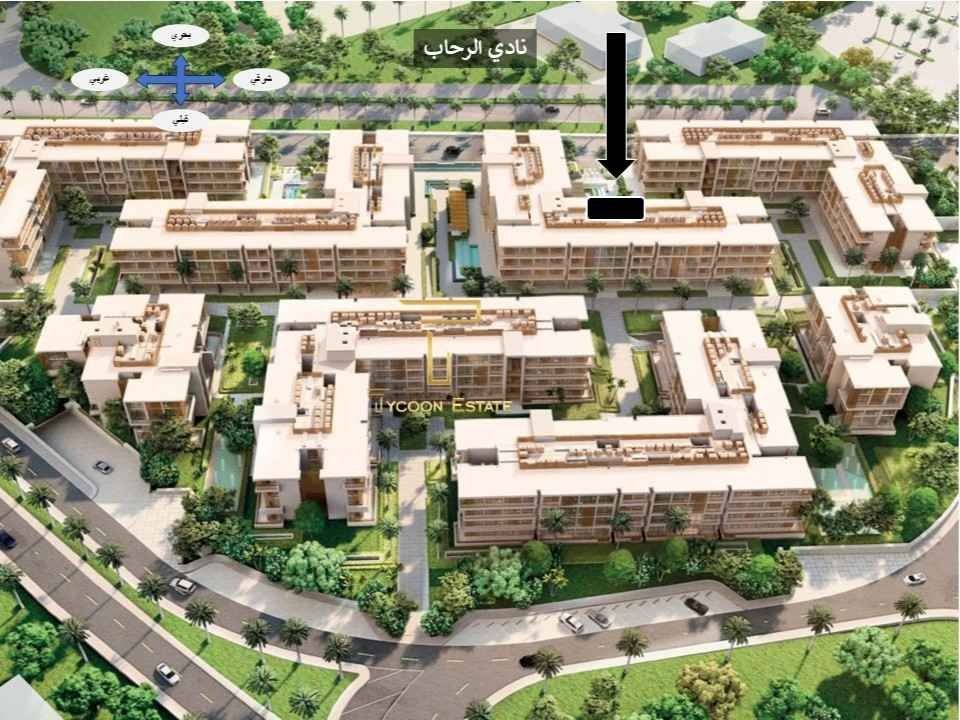 خريطة توضح موقع شقة فندقية 147م حجز قديم للبيع في إيدن الرحاب، بإطلالة مباشرة على نادي الرحاب، مقدمة من تايكون العقاري.